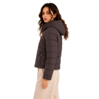 Chaqueta acolchada elástica negra con capucha para mujer, abrigo de invierno cálido con cremallera frontal y manga completa, ropa exterior personalizada