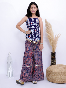 Ensemble Kurti et Sharara pour filles, en coton tissé traditionnel, manches imprimées, pour les fêtes - Bleu - Product Image 1