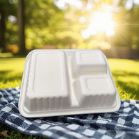 Boîte à lunch moderne en bagasse à 3 compartiments, compostable certifiée BPI, de qualité supérieure, jetable et alimentaire, pour la préparation de repas à emporter