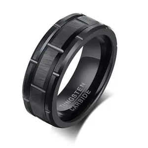 POYA Classic Black Tungsten Brick Pattern Brushed Double Groove 8mm Shiny Edge Engagement Wedding Ring For Men