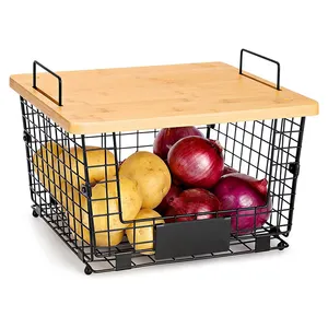 热销水果蔬菜储物丝整理篮2套可叠放厨房柜台篮带竹子