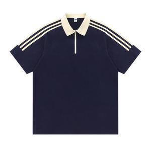 Polo Shirt Short Sleeve Solid Color Cotton <b>Zip</b>-<b>Up</b> Contrast Trim Daily Wear - Product Image 3
