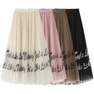 Women's High Waist Letter Printed Mesh Skirt 2023 Autumn New Fashion Slim A-line Long Skirts Ladies Lining Casual Street Faldas
