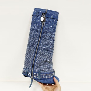 Bottes de mode 2025 pour femmes, style cowboy, bleues, à talon compensé, ornées de strass, avec boucle métallique, pointures 34-43 - Product Image 1