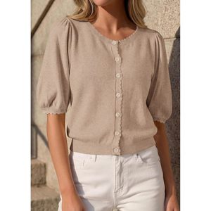 Puff Short Sleeve <b>Cardigan</b> For Women Lightweight Knit Button Up <b>Sweater</b> Top Summer Casual Breathable Spring Clothes - Product Image 2