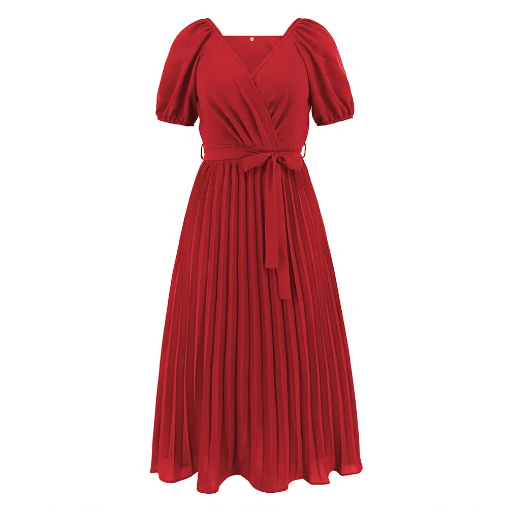 YingTang 2023 Summer Sexy Women's Short Lantern Sleeve Wrap Tie Dress V-neck Pleated A-line Midi Pleated Dresses Plus size