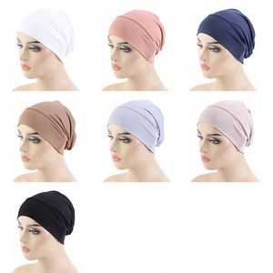 Wholesale Custom Logo Hair Accessories Soft Stretchy Muslim Beanie Dome Cap <b>Head</b> Wrap Hijab Solid Color Image <b>Style</b> Beach Unisex - Product Image 2