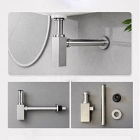 Accessoires de salle de bain : Siphon de lavabo carré en laiton, G1 1/4, type bouteille, chromé, pour évacuations contemporaines en salle de bain