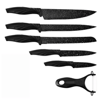 Ensemble de 6 couteaux avec éplucheur, couteaux de cuisine à revêtement marbré, couteau de chef, couteau à trancher, couteau à pain, couteau utilitaire, couteau à éplucher, revêtement céramique antiadhésif