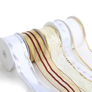 Eco-Friendly Golden Satin Polyester/Cotton Organza Ribbon Gold Edge Double Face <b>Bow</b> Printed Glitter Printed for <b>Gift</b> Packaging - Product Image 5