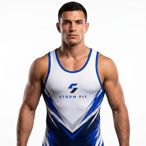 Traje de Lucha Unisex Storm Fit, Azul y Blanco, Sublimado, Ajustado, Compresión, Absorbe la Humedad, Transpirable, 100% Poliéster - Product Image 4