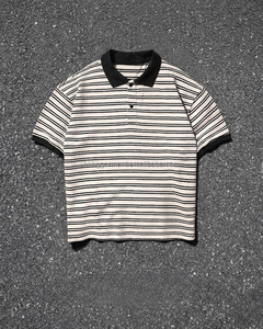 T-shirt rayé noir et blanc effet vintage boxy, coupe polo, tee-shirt oversize pour homme, coton vieilli pour homme - Product Image 3