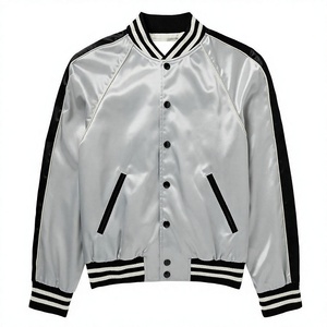 Men's Silver Satin <b>Waterproof</b> Varsity <b>Jacket</b> Regular Fit Stand Collar Black Trim Horn Button Closure Casual Style Winter Wear - Product Image 1