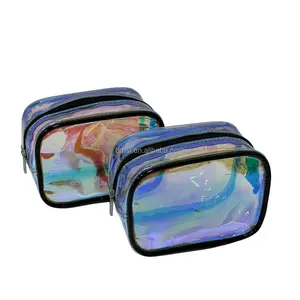 Portable Multi-Color Zip Pouch Waterproof Holographic Transparent PVC Cosmetic Bag with Geometric Pattern National Style