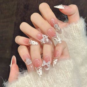 Faux ongles à presser blancs crémeux effet œil de chat, French manucure avec nœud et faits main, formes amande, carrée, ovale, stiletto, 10 pièces, vente en gros - Product Image 5