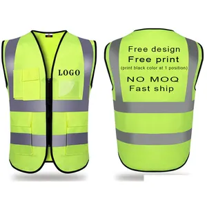 Hi Vis 100% poliester merajut kain lalu lintas reflektif keselamatan konstruksi jaket kerja pria keamanan jalan rompi Logo kustom