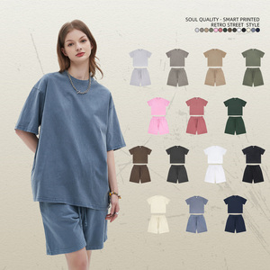 Estate lavate e tinte vecchie t-shirt Set da strada maniche corte e pantaloncini da coppia indossano camicie e pantaloncini - Product Image 4