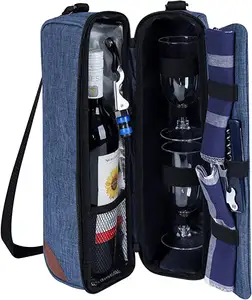 Insulated Wine Tote Bag with Cooler Compartment Picnic Set Carrying Two sets of Tableware Wine Cooler Bag