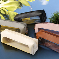 Pochette à crayons en PVC transparent avec fenêtre, en cuir PU, fermeture éclair, design élégant, trousse à maquillage pour étudiants