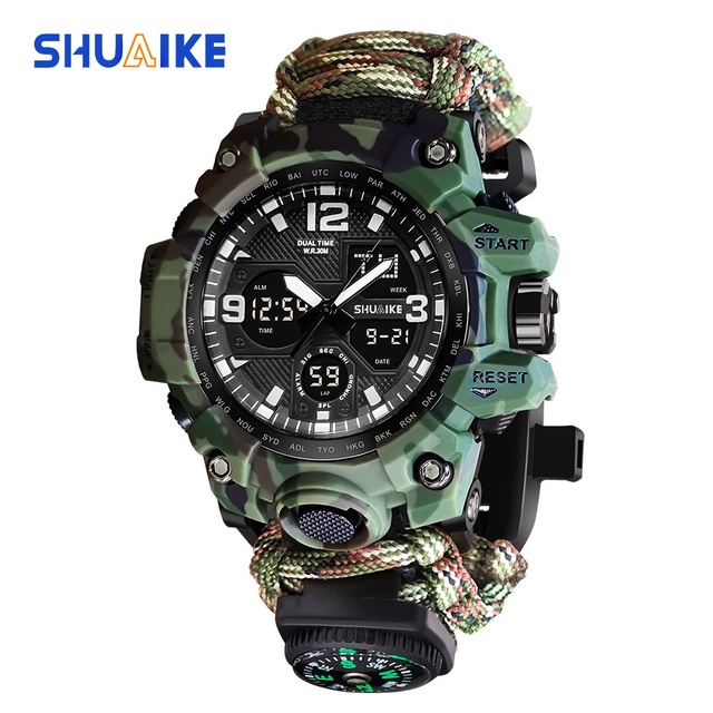 Dual-display Pointer Sport Fashion Electronic Watch Whistle Fire Compass Men's Outdoor Watch 3BAR Water Resistance Hidden Clasp