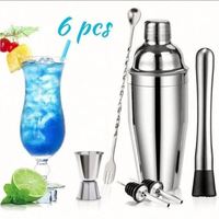 MHK64 Ensemble de shaker à cocktails 6 pièces : shaker, passoire, pilon, doseur, cuillère à mélanger, becs verseurs – Kit de barman et accessoires de bar