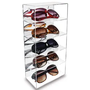 5 étagères sur comptoir transparent et supports muraux pour lunettes, présentoir en acrylique pour lunettes de soleil avec dos miroir