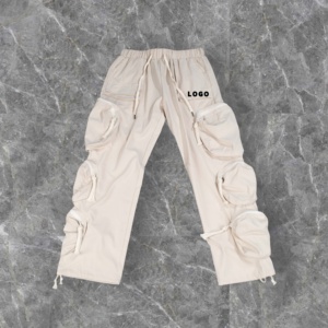 Özel Logo yüksek bel İpli Baggy Casual çok cepler pantolon erkekler için Streetwear geniş bacak paraşüt kargo pantolon - Product Image 1