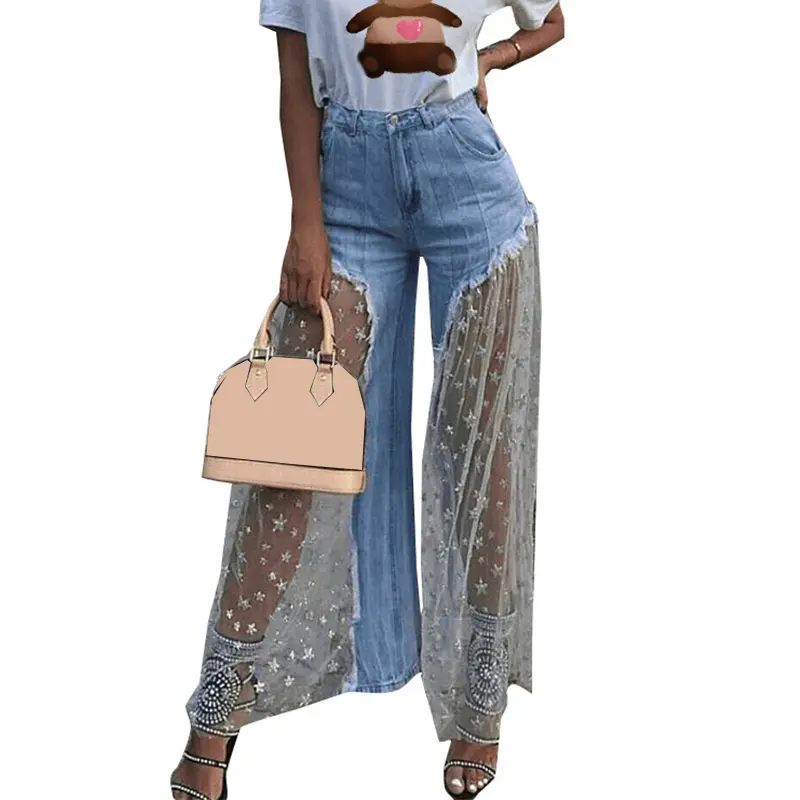 Sexy Women Wide Leg Pants Sheer Mesh Star Print Splice Denim Pants High Waist Casual Loose Pants Jeans Fashion Party Trousers