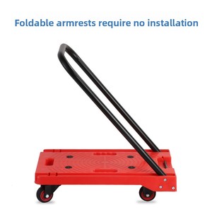 Chariot à plateforme en plastique rouge avec poignée en acier, quatre roues, industriel, durable, 1200x600 mm - Product Image 3