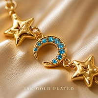 Bracelet classique en acier inoxydable plaqué or 18 carats avec perles, zircon, pierre bleue, breloque en forme de lune, étanche, hypoallergénique, tendance