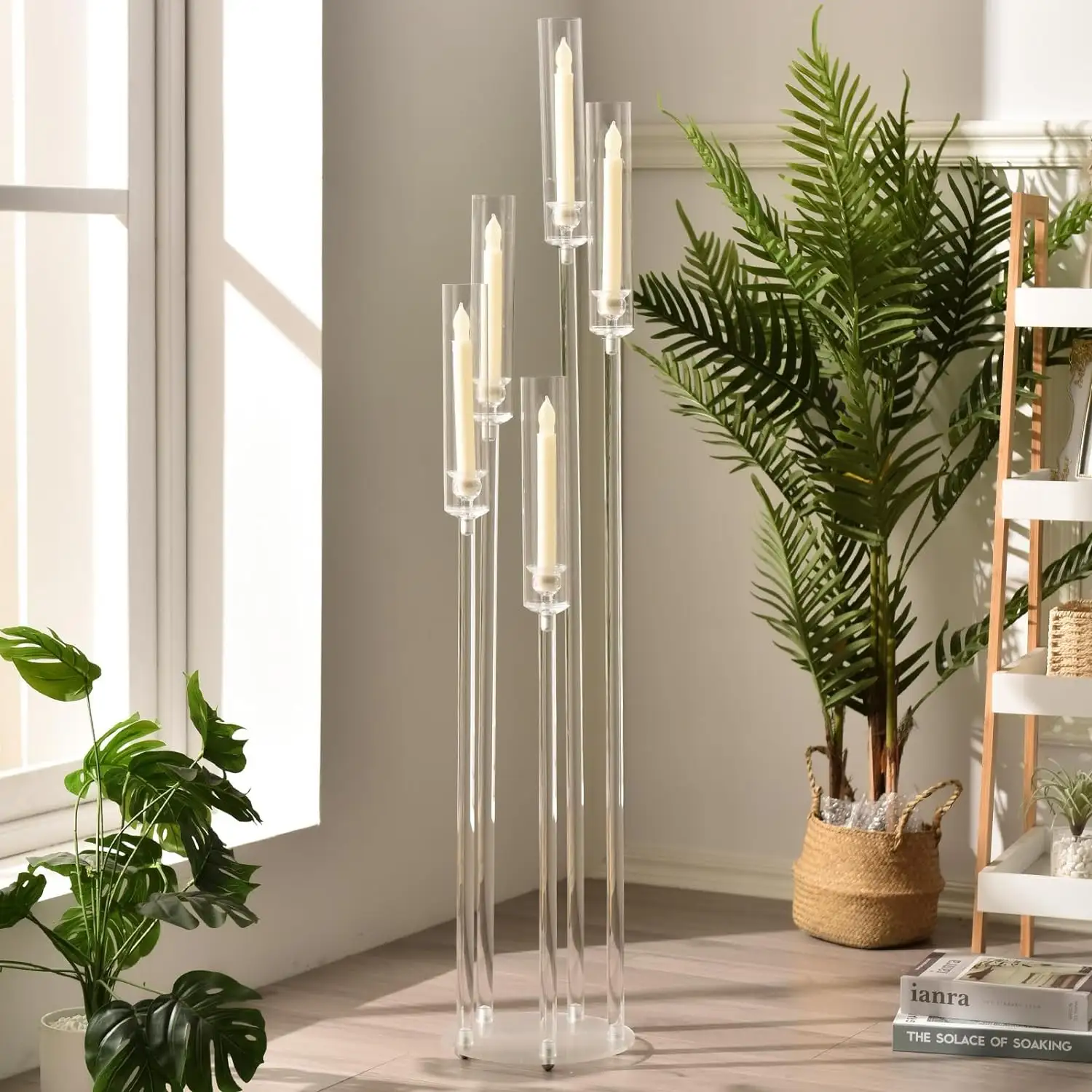 Suporte de vela acrílico com 5 braços e base quadrada, candelabros transparente para mesa de jantar de casamento, decoração de natal, dropshipping