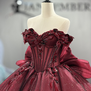 Dy8573 Elegant Wine <b>Red</b> Princess Quinceanera Ball Gown Appliques <b>Glitter</b> Chiffon Floral Embroidery Natural Shoulder Lace Dress - Product Image 3