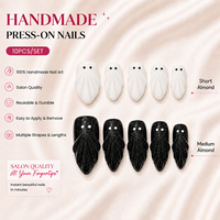 Faux Ongles Amande Courts 3D Noirs et Blancs Effet Fantôme d'Halloween en Gros – 10 Pièces Réutilisables Faits Main à Coller