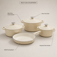 Batterie de cuisine en fonte émaillée Joho, comprenant un faitout, une cocotte et une poêle, couleur crème, pour la cuisson, vente en gros, OEM, ODM, fournisseur en gros