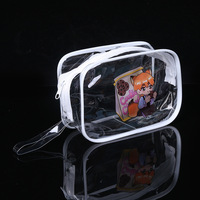 Pochette de voyage transparente en PVC imperméable personnalisée pour maquillage, avec impression de dessin animé mignon sur sac de rangement en plastique transparent blanc avec fermeture éclair