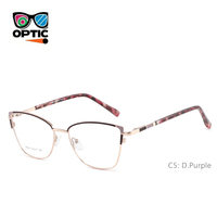 Monture de lunettes optiques œil-de-chat tendance pour femme, en métal bicolore avec branches en acétate, pour usage quotidien