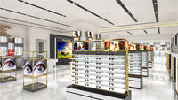Magasin de vente de lunettes au détail sur mesure Meuble de rangement pour lunettes de décoration design d'intérieur Étagère de présentation optique en métal doré