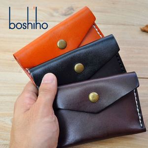 Portefeuille en cuir tanné végétal italien personnalisé BOSHIHOHO, couleur unie, style vintage, avec fermeture ouverte - Product Image 1