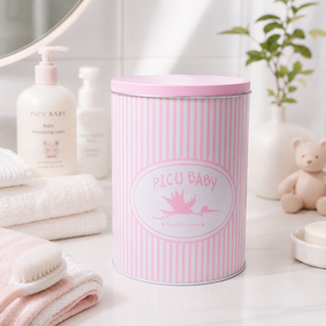 Lata Redonda de Metal para Regalo de Bebé con Estampado de Cigüeña a Rayas Rosas, Lata de Metal Vacía Personalizada para Almacenamiento de Productos para el Cuidado de la Piel del Bebé - Product Image 2