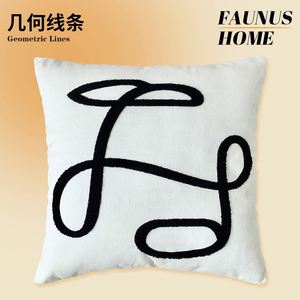 หมอนรองนั่งโซฟาปักลายศิลปะสีครีมสีขาวและสีดำเรียบง่าย - Product Image 4