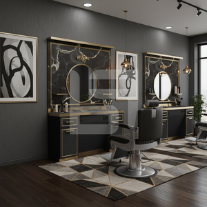 Estación de Barbero Comercial Moderna de Lujo en Oro y Madera Negra para Barbería, Mobiliario de Salón de Nuevo Estilo - Product Image 3