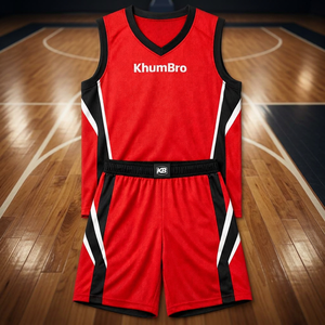 Ensemble de maillot de basket-ball KhumBro, rouge, noir, blanc, col en V, sans manches, en maille, évacuant l'humidité, uniforme athlétique unisexe pour adultes - Product Image 2