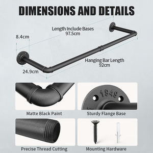 Estante de ropa de tubería industrial Riel de ropa de tubería de hierro resistente Varilla colgante multifuncional negra - Product Image 6