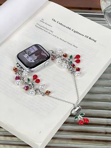 Bracelet de montre élégant pour femmes, ornement cerise, chaîne de perles, bracelet en métal, remplacement pour montre intelligente S11 - Product Image 4