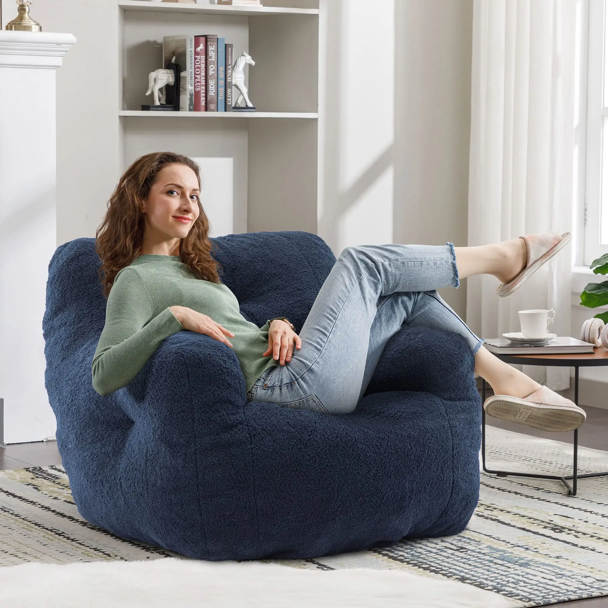 Luxury Blue Fluffy Lazy Sofa Single Seater Bean Bag Chair Stuffed for Bedroom Living Room Giant Sofa Tufted Fabric Bean Bag