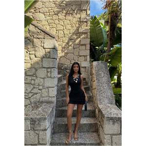 Black Elegent Mini <b>Dress</b> with Ruffle Detail Square Collar A-Line Feature Translucent Fashionable for Day <b>Club</b> XS to XL Sizes - Product Image 1