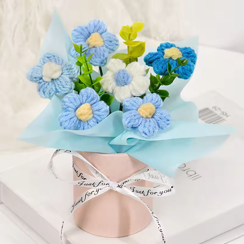 ดอกไม้พัฟสีน้ำเงิน 6 ดอกกอดถัง