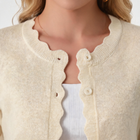 Cardigan ouvert léger en maille de haute qualité pour femme, col rond, simple boutonnage, bord festonné en ivoire massif
