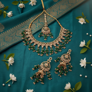 <b>Gold</b> Plated Pearl Bridal Shadow Choker Necklace <b>Set</b> Earrings Maang Tikka Ethnic Handmade High Quality Latest Engagement Wedding - Product Image 3