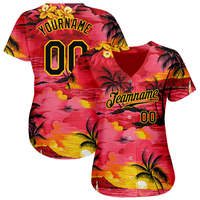 Maillot de baseball personnalisé rouge et vert, motif palmiers Hawaï, chemise boutonnée de baseball, hauts de baseball